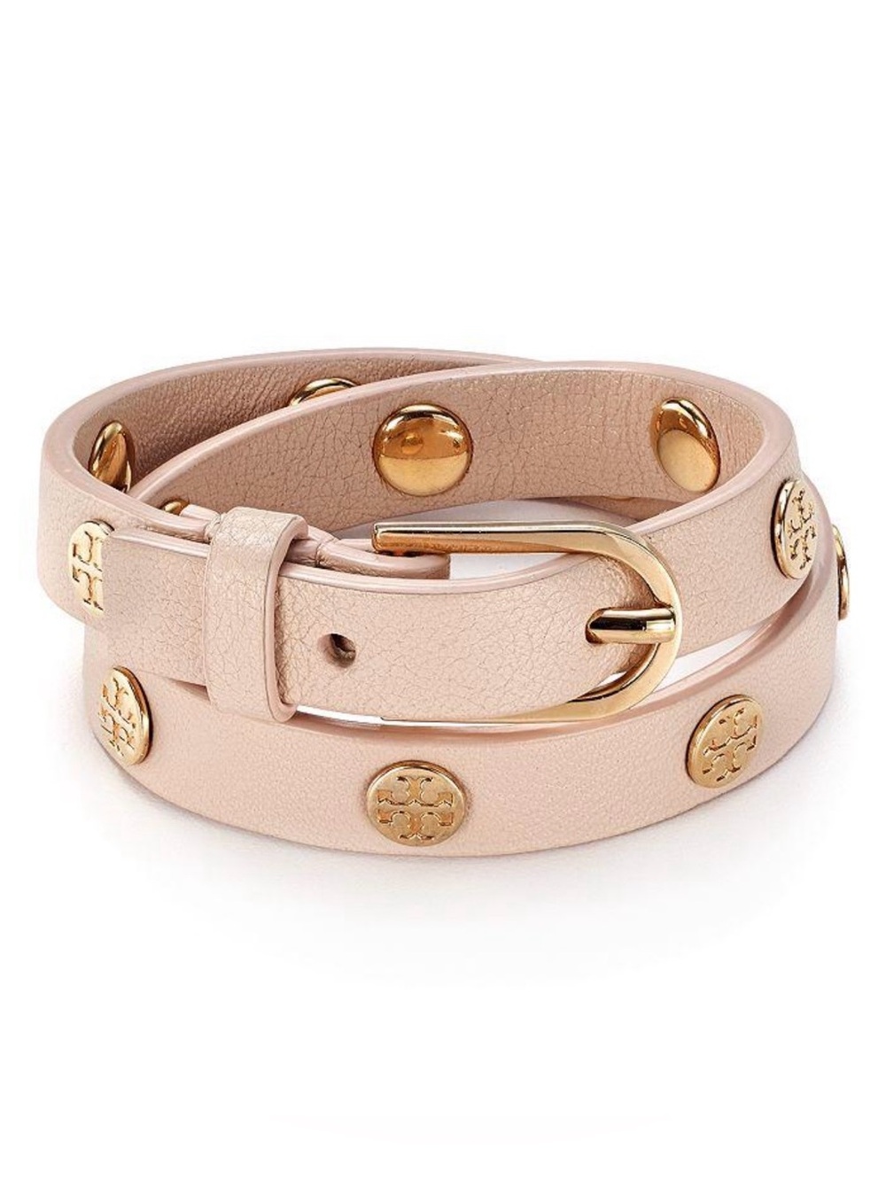 Tory Burch Blush Pink Leather Double-Wrap Logo Stud Bracelet